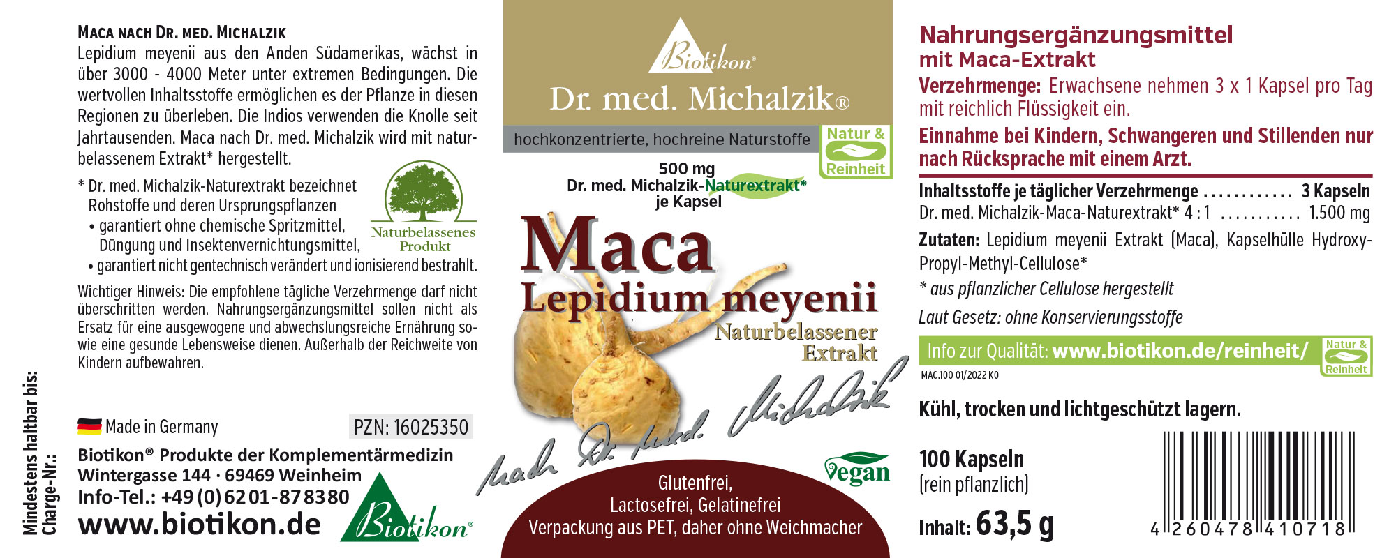 Maca Nahrungsergänzungsmittel in Kapseln, 100 Stück, natürliche Verpackung, gelblich-brauner Inhalt, perspektivisch dargestellt.