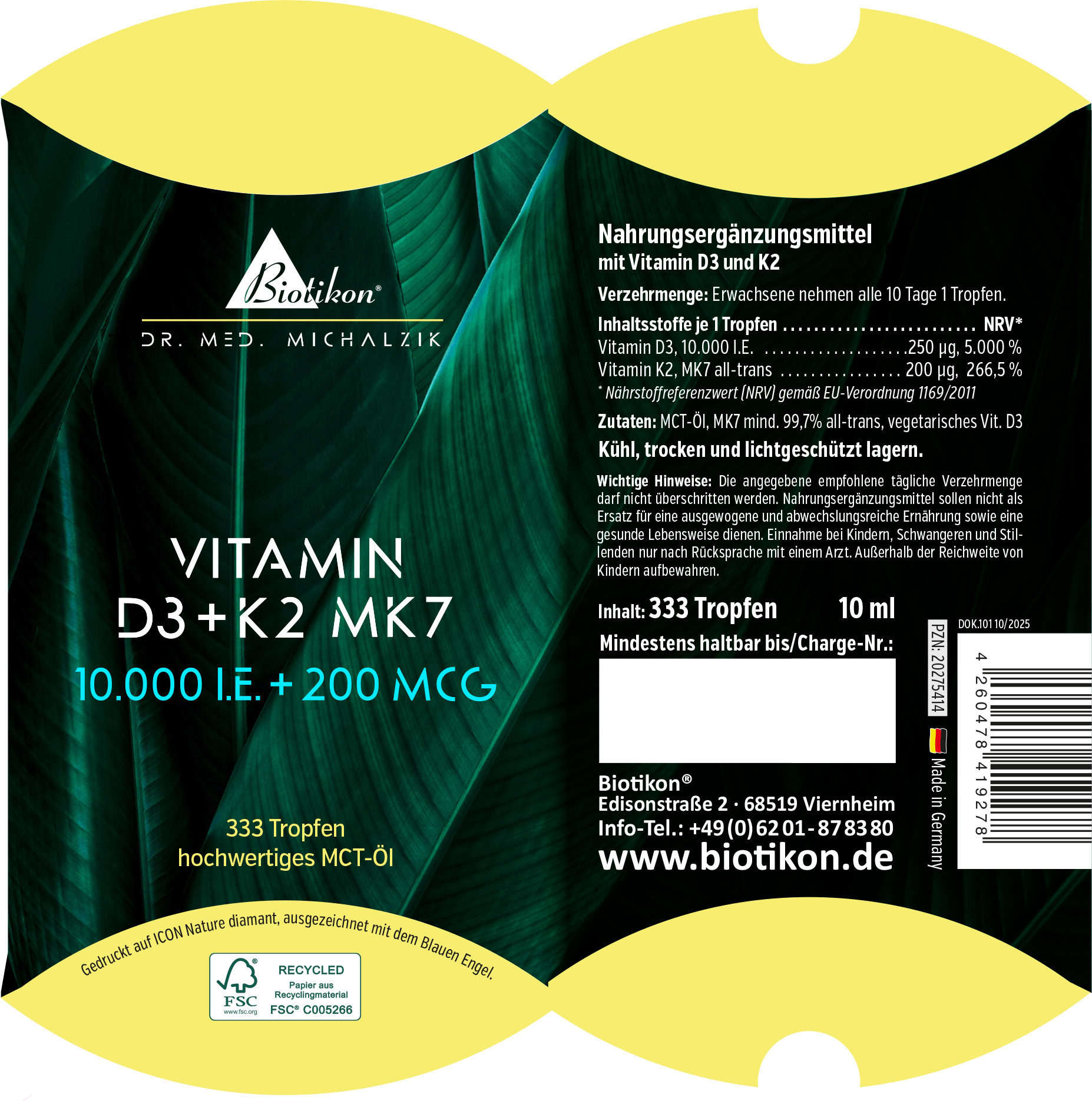 Vitamin-D3 + K2 10.000IE 200mcg konventionell Kissenschachtel
