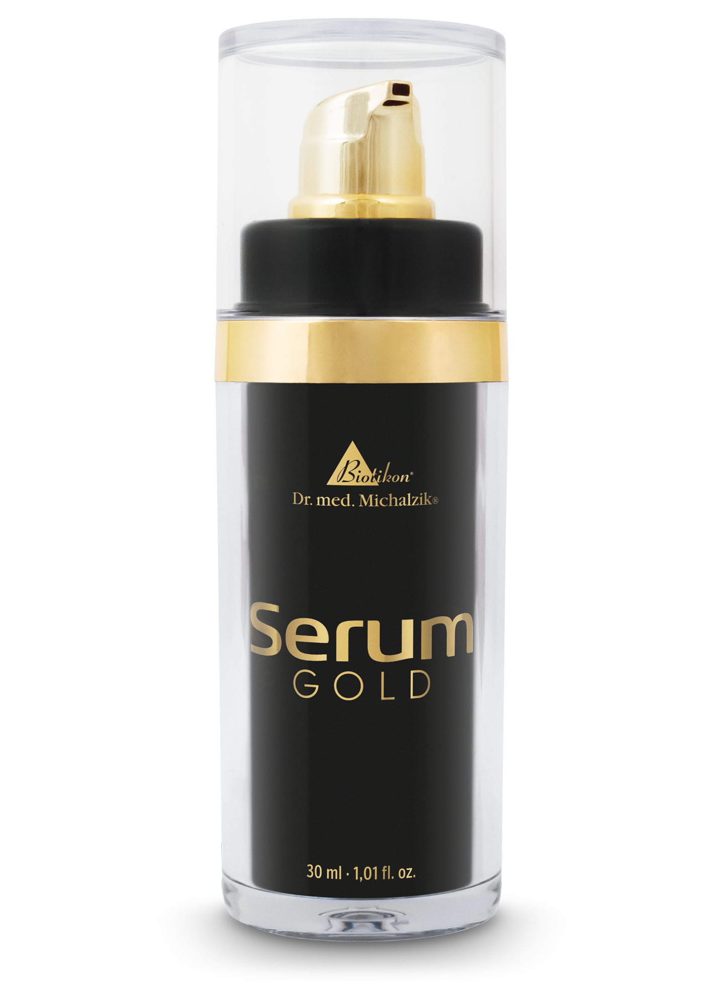 Gesichtsserum Gold in schwarzer Flasche, 30 ml, mit goldenen Akzenten, Pumpspender.