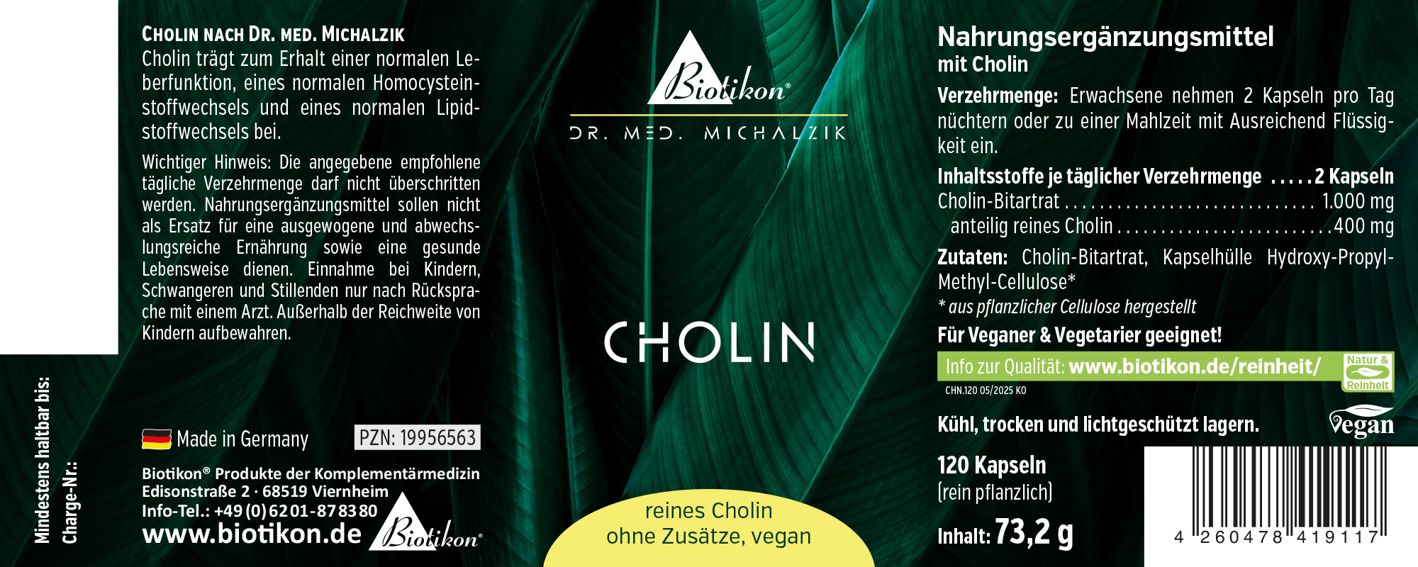 Cholin Nahrungsergänzungsmittel in Kapseln, 120 Stück in einer grünen Verpackung, vegan und rein pflanzlich.