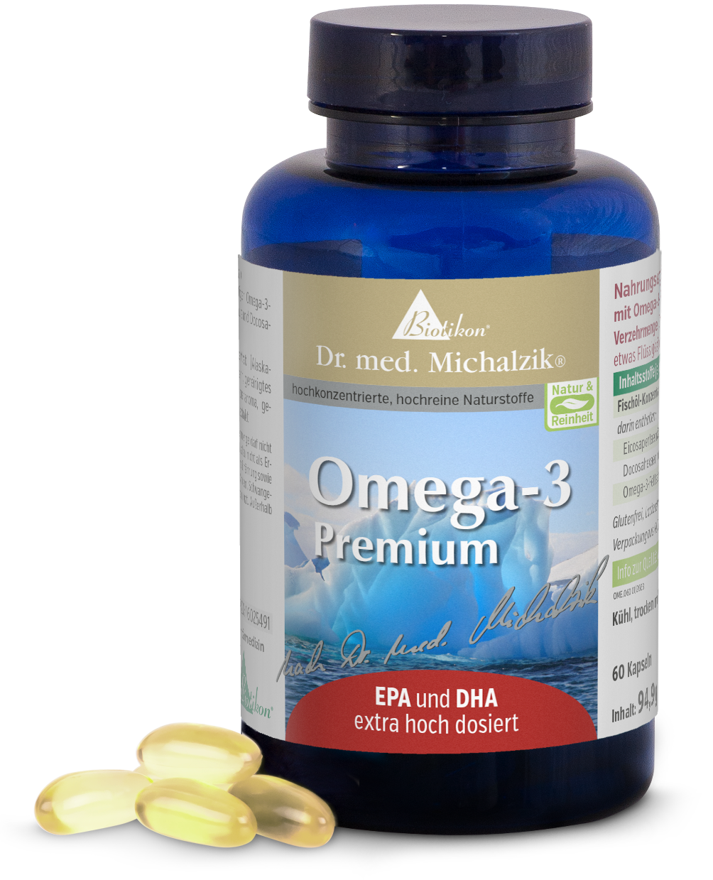 Omega-3 Premium – 60 Kapseln Flasche mit Omega-3 Kapseln, blau, 60 Stück, perspektivisch. Kapseln beige.