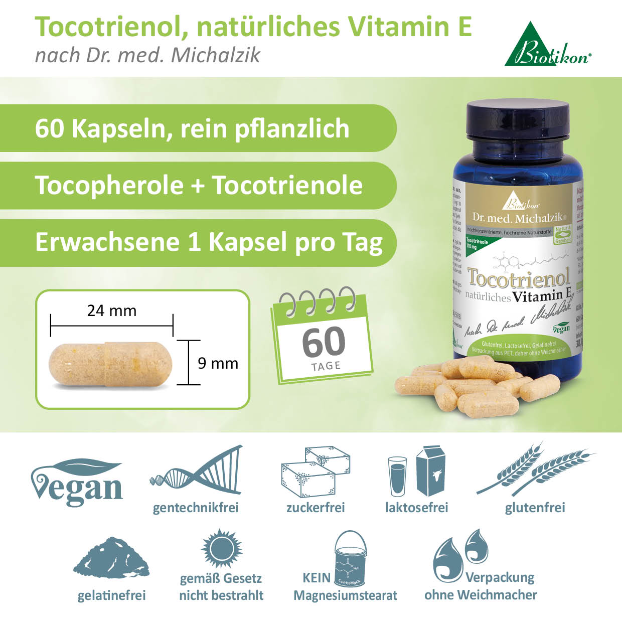 60 pflanzliche Kapseln für Erwachsene, Tocotrienole, beige, im flaschengrünen Container.