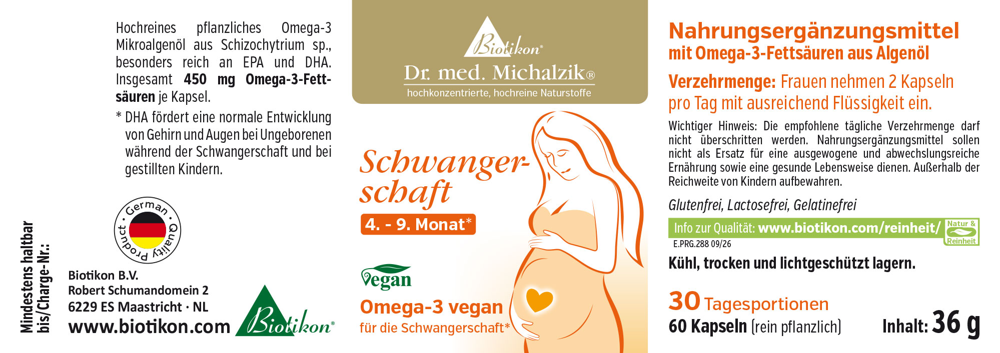 Omega-3-Fettsäuren 570 mg – Kapseln Nahrungsergänzungsmittel in Form von Kapseln, 30 Stück, vegan, mit hochreinem Omega-3 aus Algenöl, Verpackung in bunten Farben.