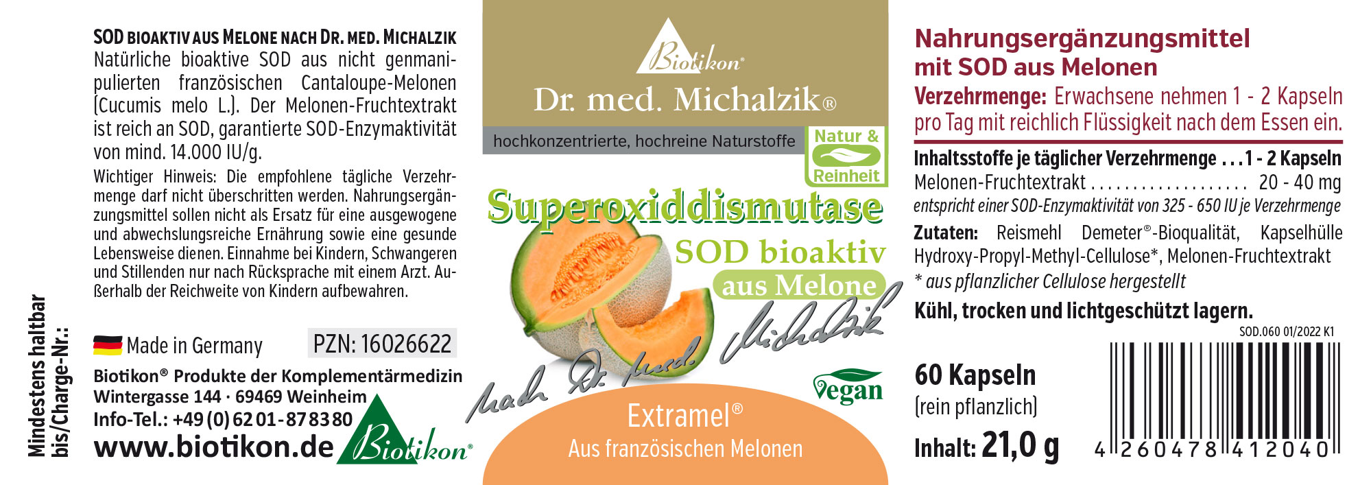 Nahrungsergänzungsmittel SOD aus Melonen, 60 Kapseln, Verpackung in hellen Farben, fruchtige Abbildung.