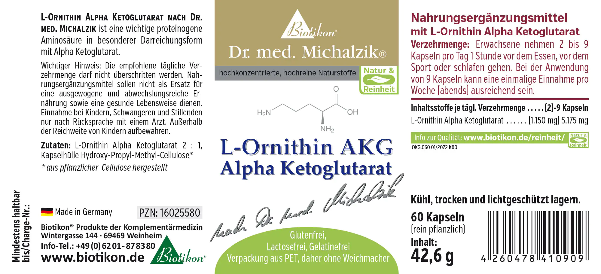 L-Ornithin Alpha Ketoglutarat in einer Packung mit 60 Kapseln, grau und gold, aus pflanzlichen Inhaltsstoffen.
