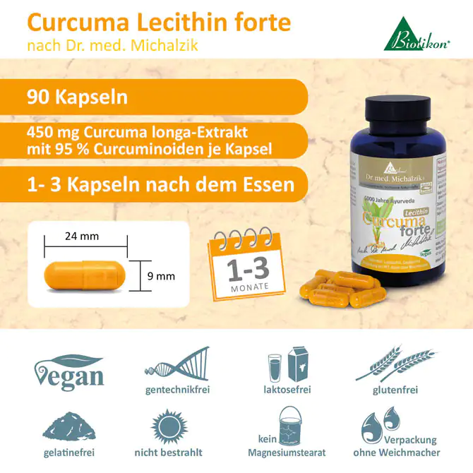 90 Kapseln Curcuma Lecithin forte mit 450 mg Curcuma longa-Extrakt in blauer Flasche.
