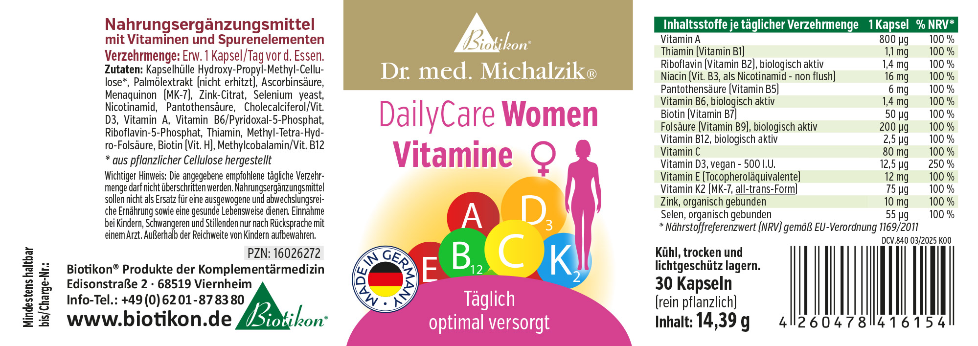 Nahrungsergänzungsmittel für Frauen, 30 Kapseln, bunte Verpackung, Seitenansicht.