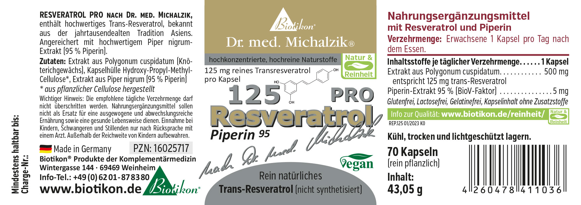 Nahrungsergänzungsmittel in Kapseln, 70 Stück, mit 125 mg Trans-Resveratrol und 95 % Piperin, in einer dunklen Verpackung.