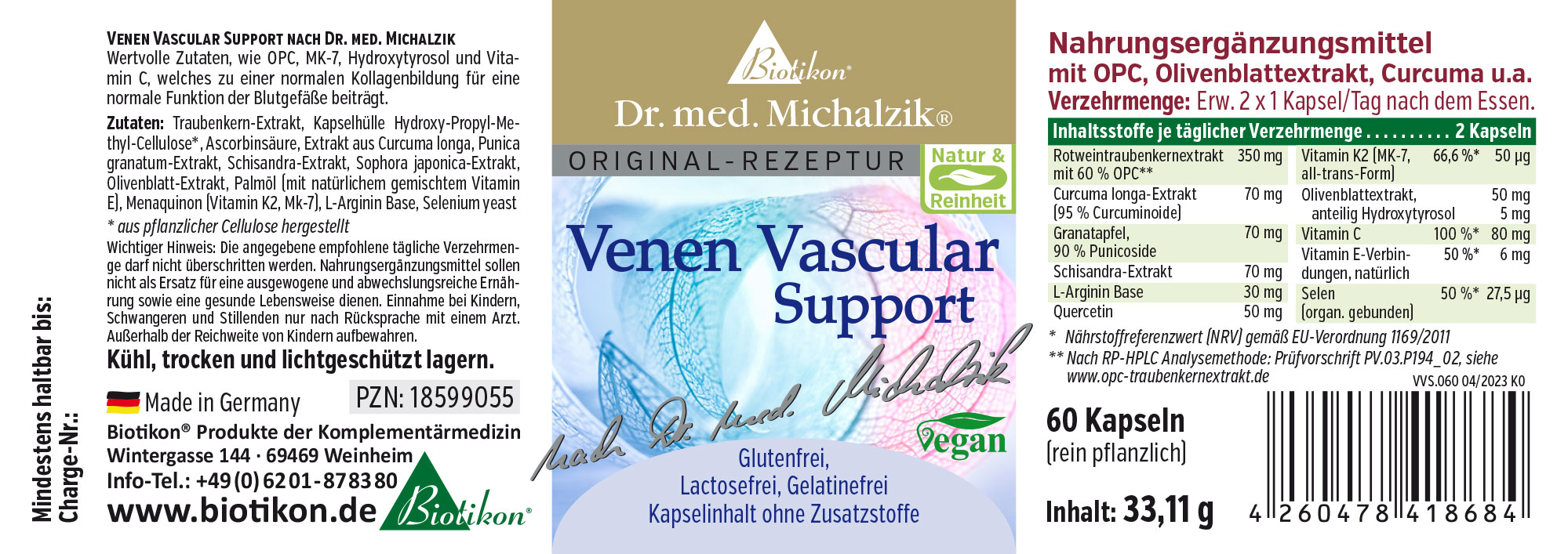 Nahrungsergänzungsmittel in Kapseln, 60 Stück, klare Verpackung, vegan, hellgrün und blau.