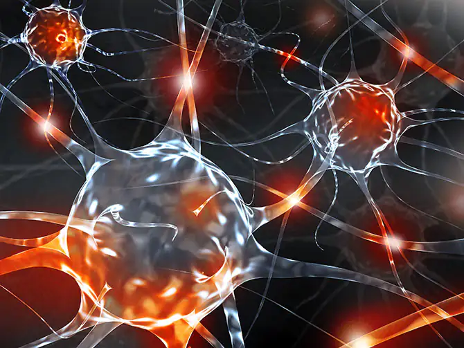 Grafik von Neuronen mit leuchtenden Verbindungen in Orange und Weiß auf dunklem Hintergrund.