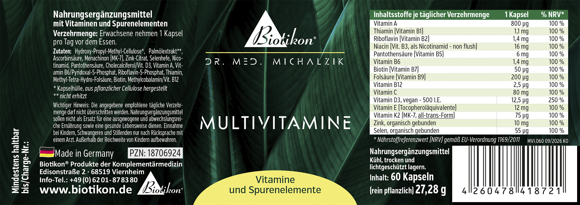 Multivitamine 60 Kapseln Verpackung mit 60 Kapseln des Nahrungsergänzungsmittels Multivitamine, vegan