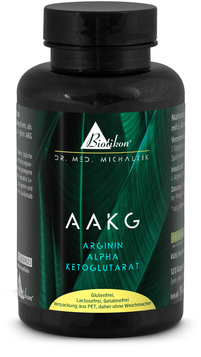 Flasche mit 120 Kapseln AAKG, Arginin Alpha Ketoglutarat, grüne Verpackung, aus PET, sportliche Perspektive.