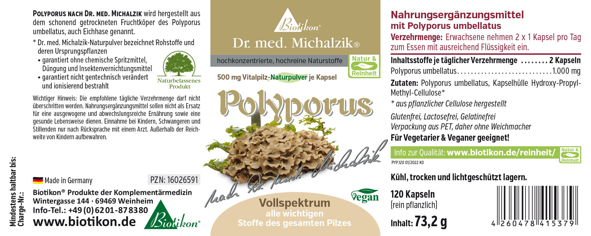 Nahrungsergänzungsmittel Polyporus umbellatus, 120 Kapseln in transparenter Verpackung, beige Kapseln.