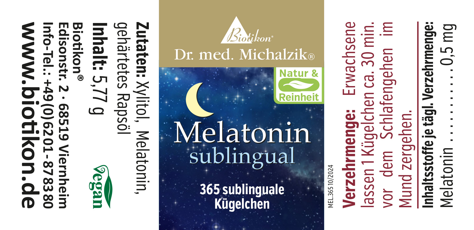 Verpackung mit 365 sublingualen Kügelchen, blaues Design mit Mondmotiv, vegan, 0,5 mg Melatonin pro Kügelchen.