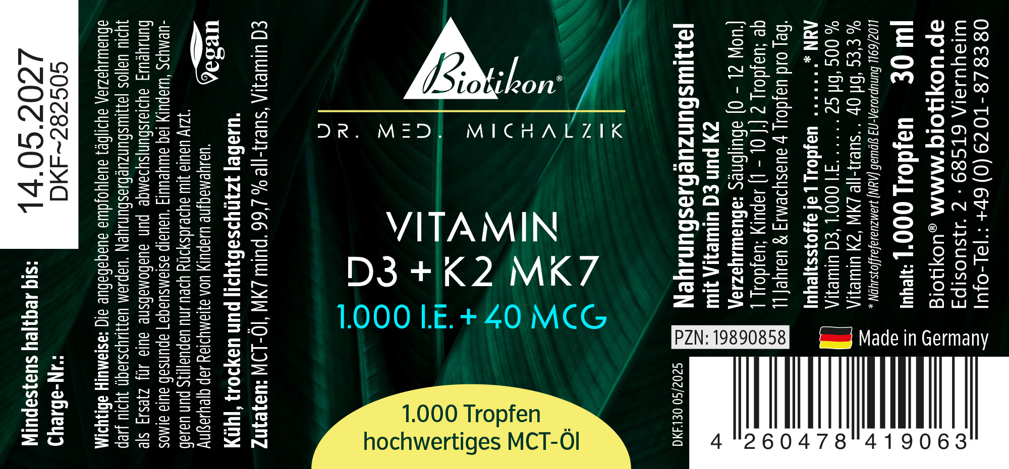 Flasche mit 30 ml Vitamin D3 und K2 MK7 in Tropfenform, grüne Verpackung, vegan.