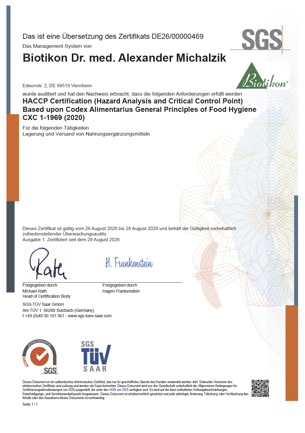 HACCP-Zertifikat – Biotikon HACCP-Zertifikat von Biotikon, Grafik mit Zertifikatsdetails, inklusive Logo, Prüfungshinweisen und Gültigkeitsdatum.