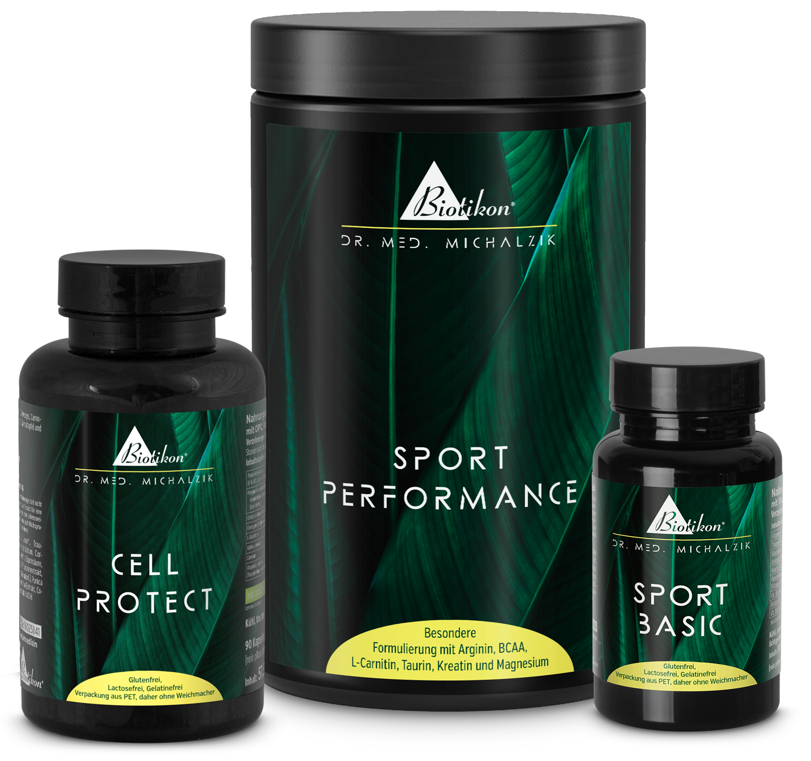 Sport Performance – Pulver 300 g Drei Nahrungsergänzungsmittel: Cell Protect Kapseln, Sport Performance Pulver 300 g und Sport Basic Kapseln, alle in schwarzer Verpackung.