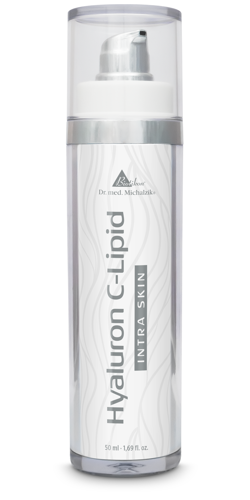 Hyaluron C-Lipid Gesichtscreme in Pumpflasche, 50 ml, transparent mit silberner Spitze.