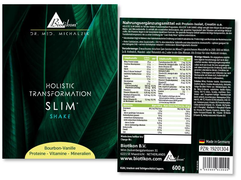 Holistic Transformation Slim Shake in der Geschmacksrichtung Bourbon-Vanille, 600 g Packung, grüne Verpackung, Vorder- und Rückansicht.
