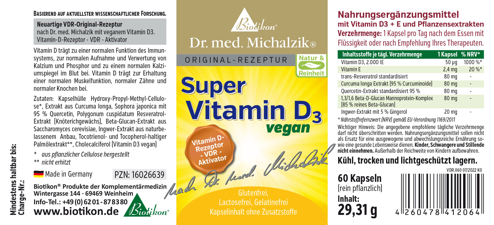 Verpackung von Super Vitamin D3, 60 vegane Kapseln, gelbe und grüne Farben, Vorderansicht