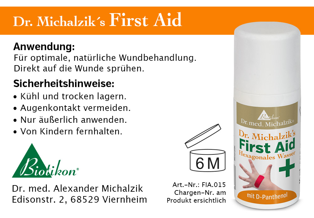 First Aid 100 ml – Spray Erste-Hilfe Spray mit D-Panthenol, 100 ml Flasche, weiß, Frontansicht.