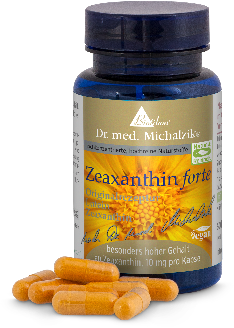 Zeaxanthin forte Kapseln, 60 Stück in blauer Flasche, orangefarbene Kapseln.