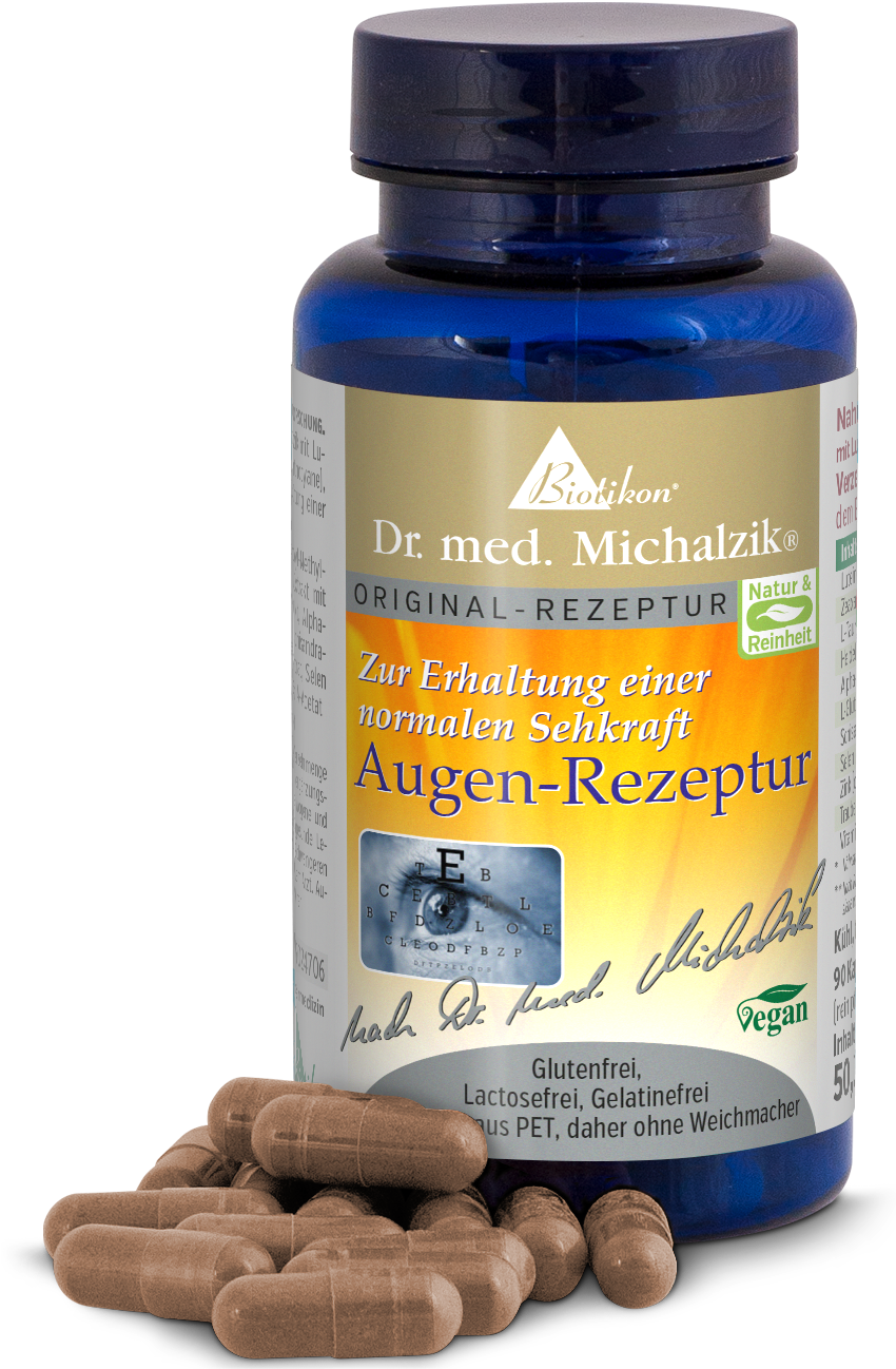 Augen-Rezeptur Kapseln in blauer Flasche, 50 Stück, braune Kapseln, vegan und frei von Gluten.