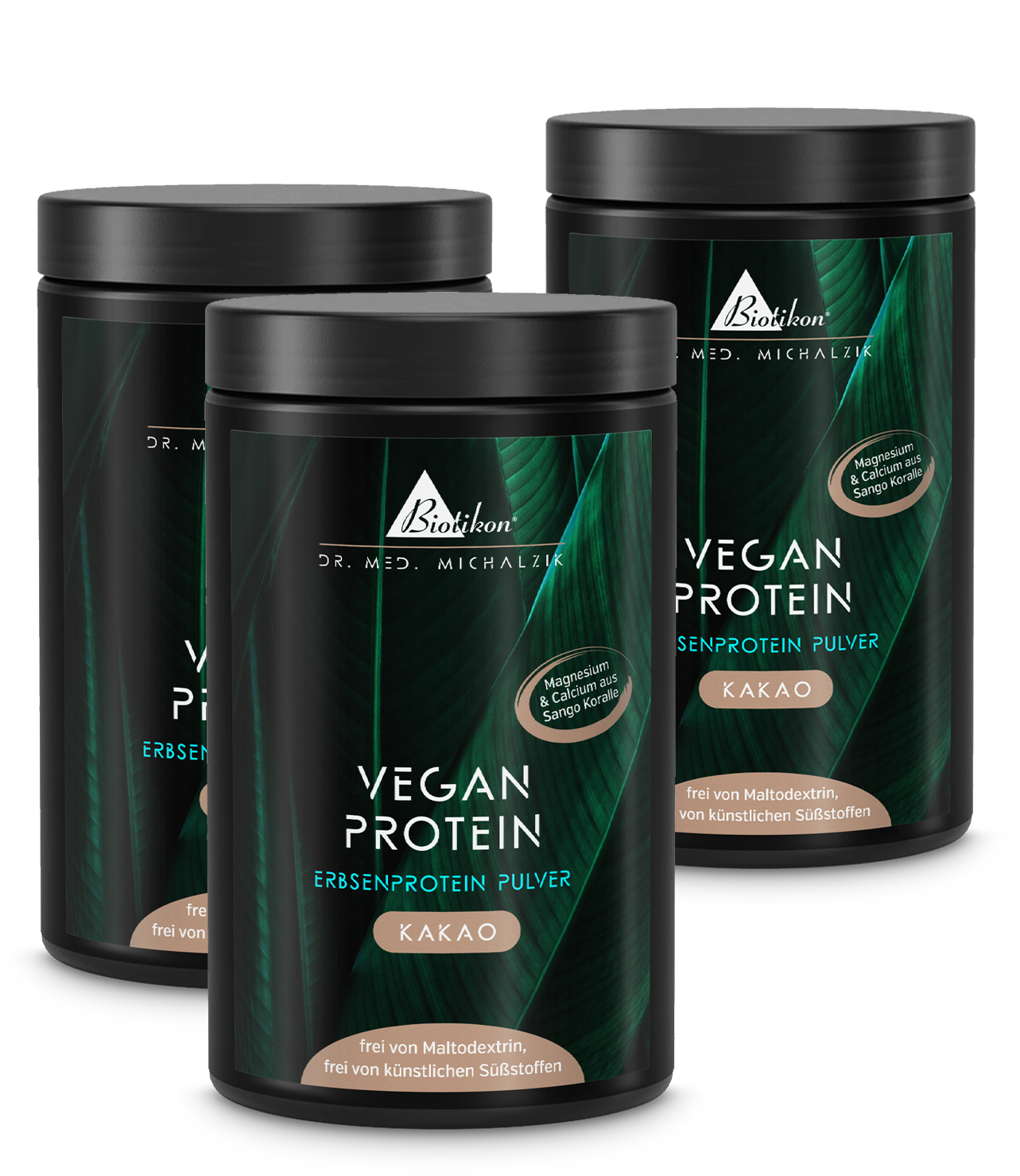 Pflanzenprotein-Pulver Kakao – 3 x 300 g Drei Dosen Pflanzenprotein-Pulver Kakao, je 300 g, weißes Design mit brauner Etikette, frontal abgebildet.