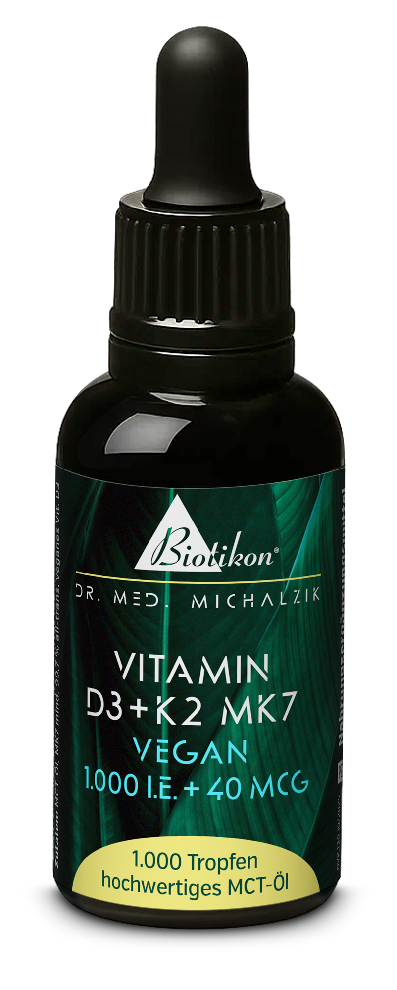 Vitamin D3 + K2 MK7 1000 I.E. – Tropfen Tropfenflasche mit 1000 Tropfen Vitamin D3 und K2 MK7, schwarze Verpackung, gut sichtbar.