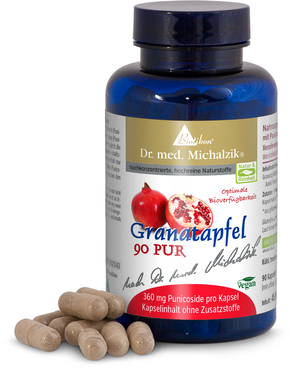 Granatapfelkapseln in blauer Flasche, 90 Stück, mit sichtbaren Kapseln in beige, vegan.