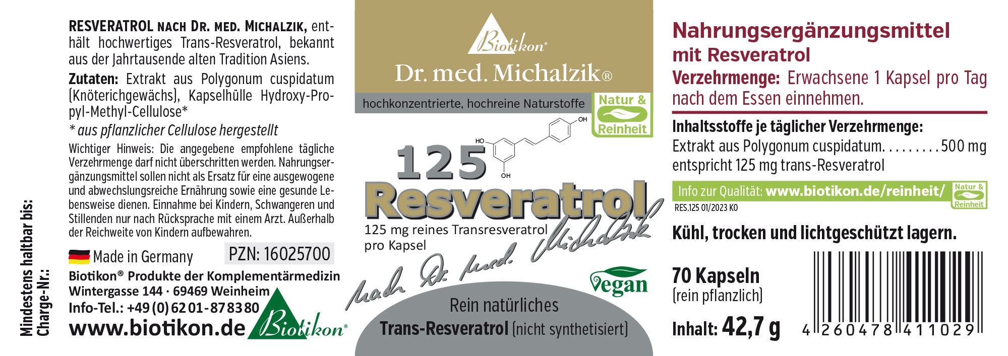 Nahrungsergänzungsmittel Resveratrol, 70 Kapseln, vegan, Packung in Weiß und Grün, Sicht auf Produkt- und Inhaltsinformationen.