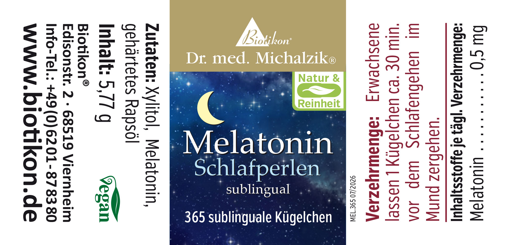 Verpackung mit 365 sublingualen Kügelchen, blaues Design mit Mondmotiv, vegan, 0,5 mg Melatonin pro Kügelchen.
