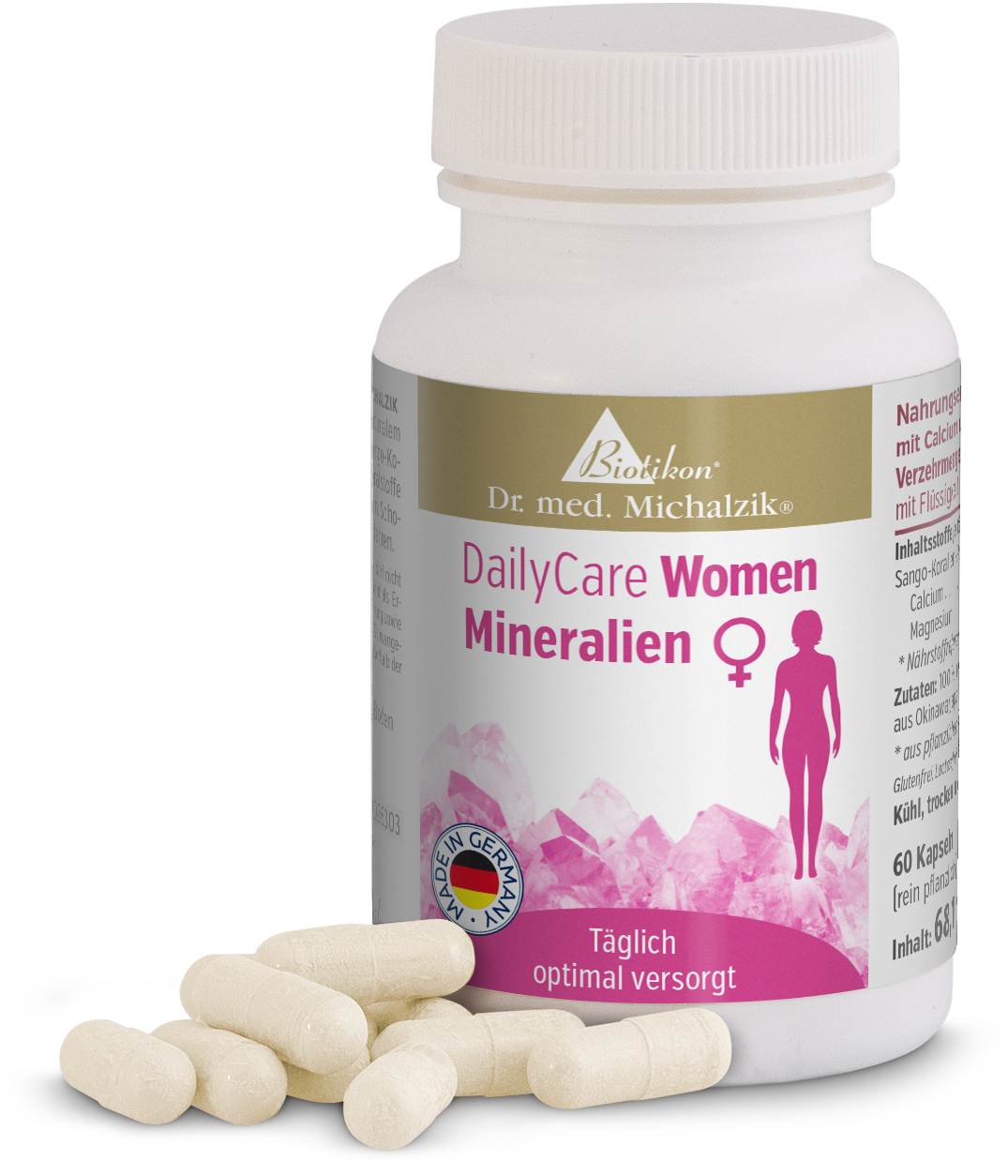 Mineralien Kapseln 60 Stück – DailyCare Women DailyCare Women Mineralien, 60 Kapseln, weiße Kapseln in Kunststoffflasche, Sicht auf Verpackung und Kapseln