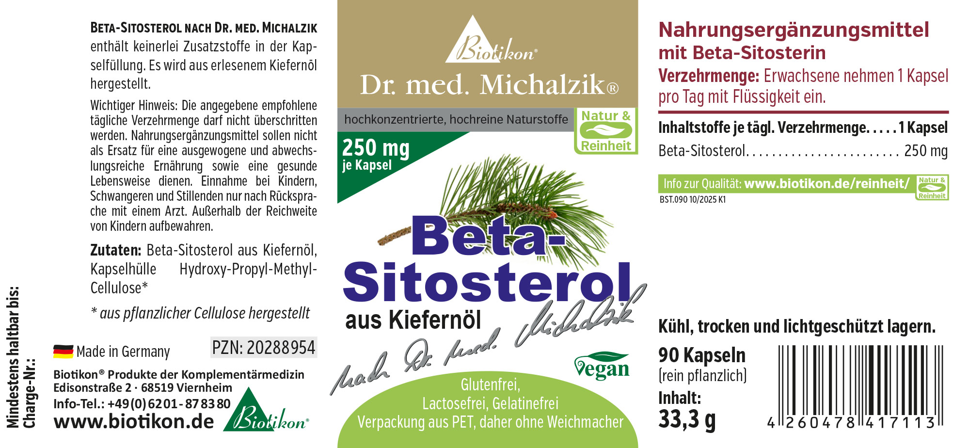 90 Kapseln Beta-Sitosterol aus Kiefernholz, vegane Verpackung, 250 mg pro Kapsel.