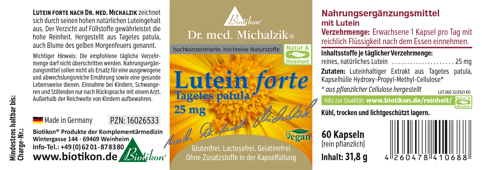 Nahrungsergänzungsmittel Lutein forte mit 60 veganen Kapseln, Verpackung in gelb und weiß.