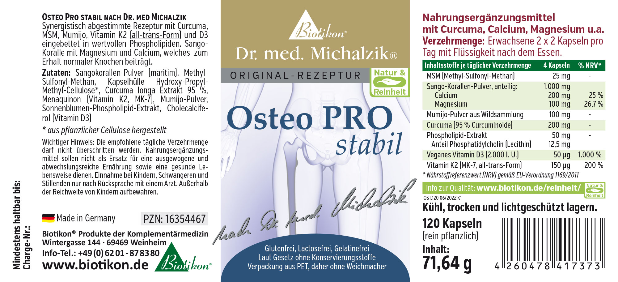 Nahrungsergänzungsmittel Osteo PRO stabil in Kapseln, 120 Stück, Verpackung in hellem Design, produktverpackte Kapseln.