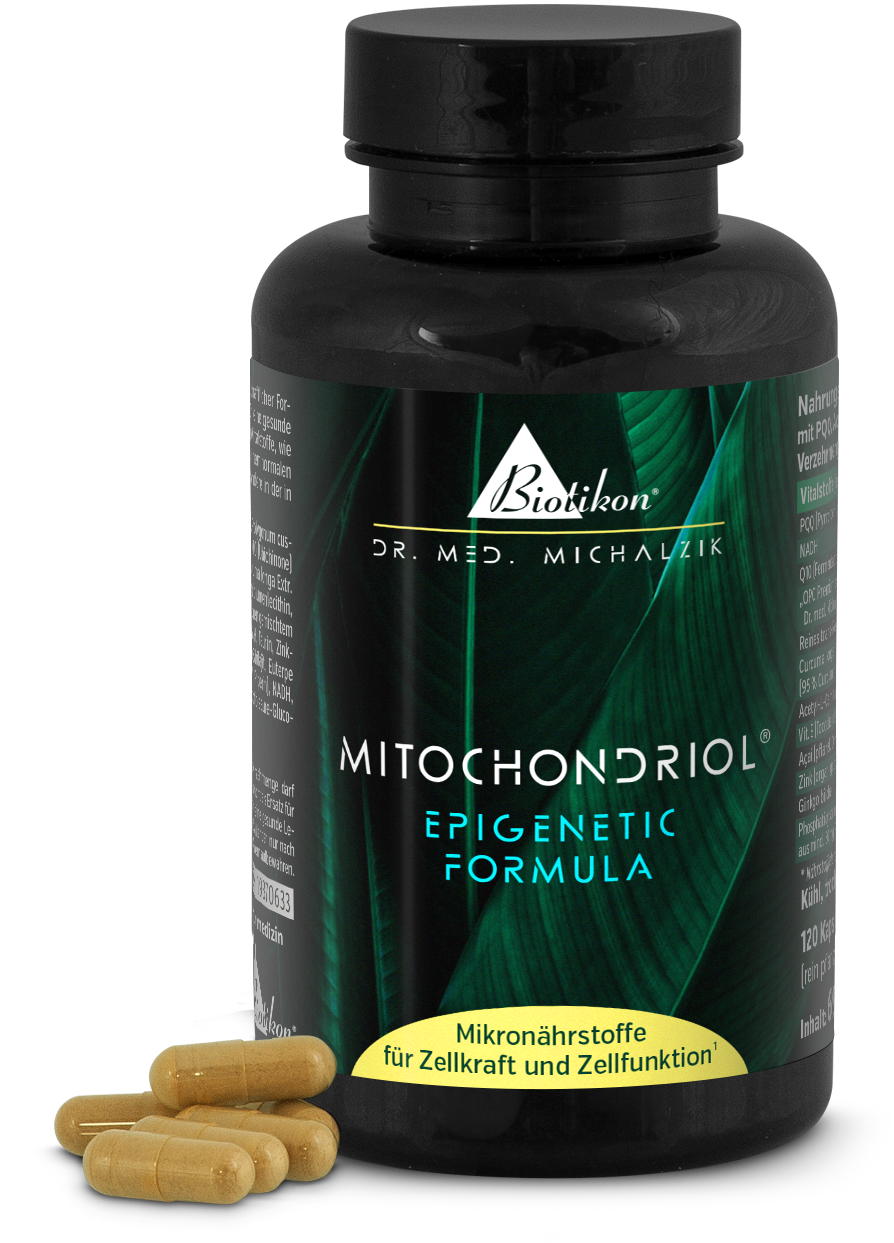 Mitochondriol Kapseln in einer schwarzen Flasche, 120 leichte Kapseln sichtbar, grüne Blattoptik.