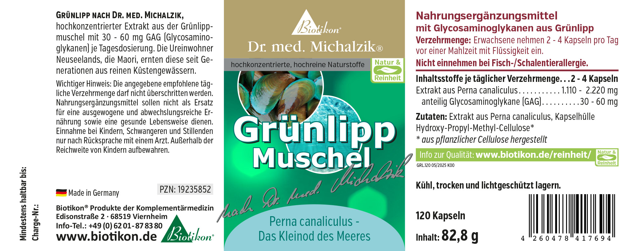 Nahrungsergänzungsmittel Grünlipp Muschel, 120 Kapseln, grüne Verpackung, Vorderansicht.