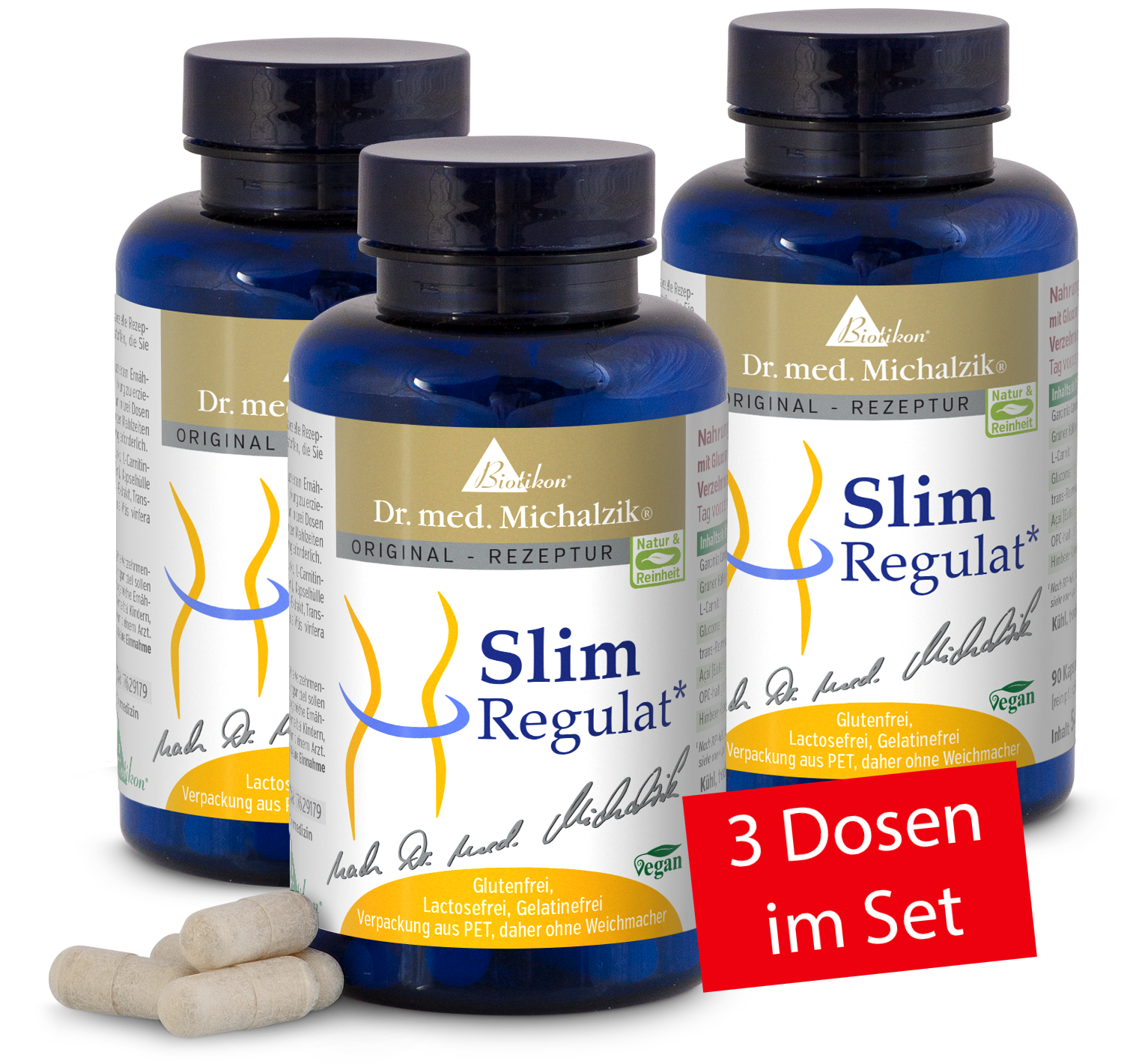 Drei blaue Dosen Slim Regulat Kapseln, 90 Kapseln pro Dose, vegan, gluten- und laktosefrei, mit sichtbaren Kapseln im Vordergrund.