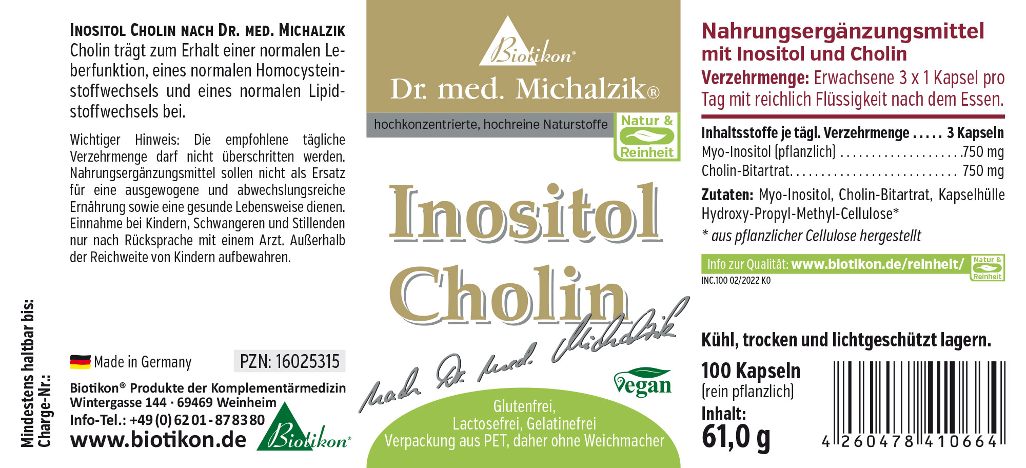 Nahrungsergänzungsmittel Inositol und Cholin, 100 vegane Kapseln, grau-gelbe Verpackung, Vorderansicht.