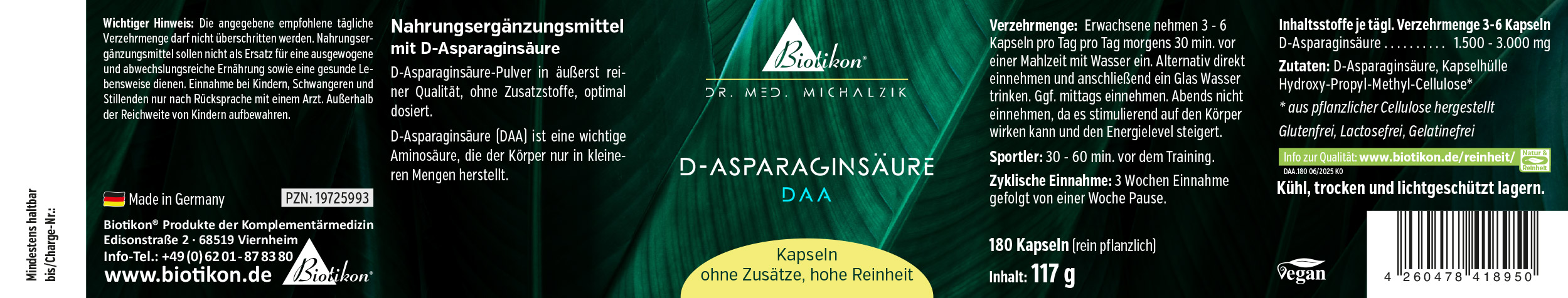 Kapseln mit D-Aspartinsäure, 180 Stück, grüne Verpackung, Vorderansicht.
