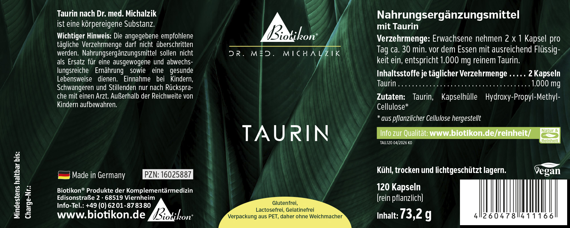 Nahrungsergänzungsmittel Taurin in veganen, glutenfreien Kapseln, 120 Stück, grünliche Verpackung.
