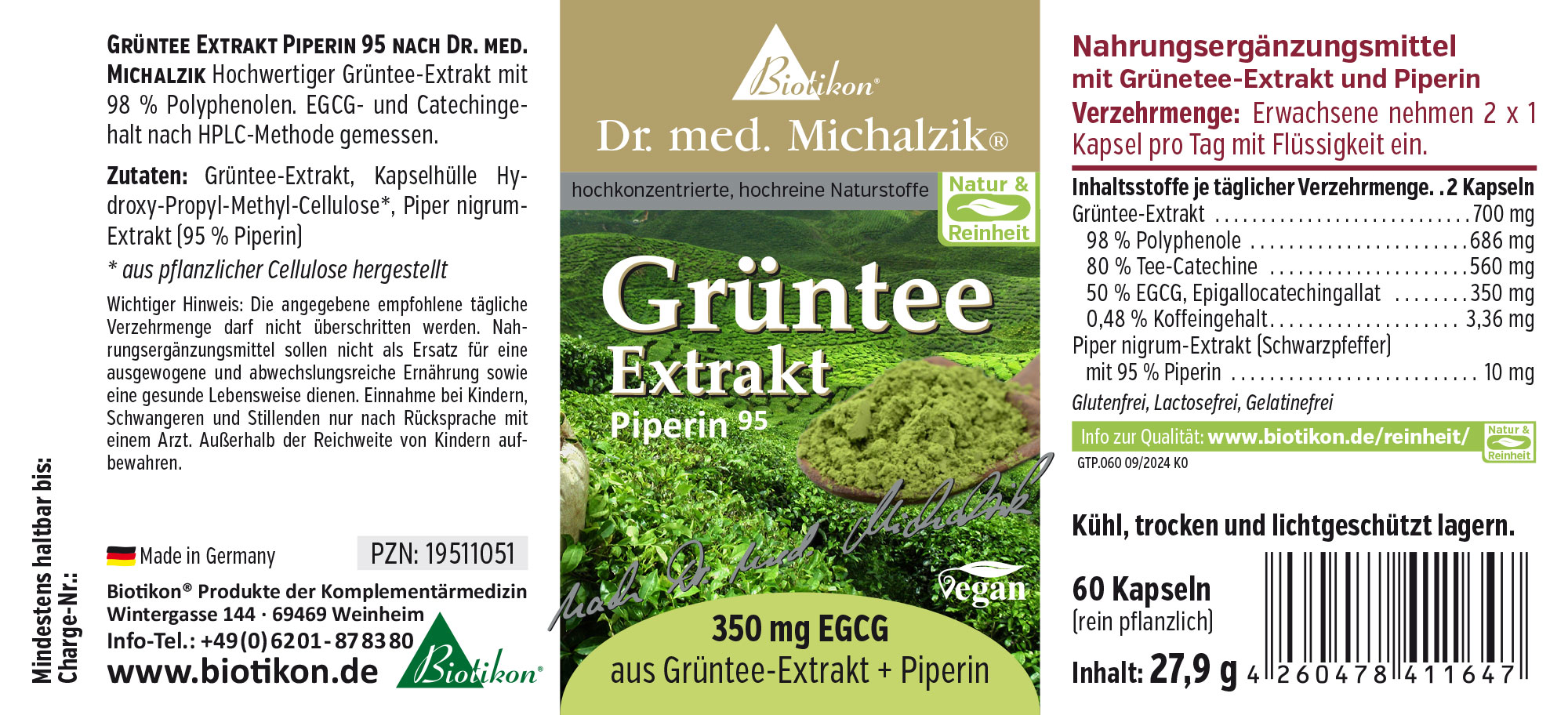 Grüntee Extrakt mit Piperin, 60 Kapseln in einer Verpackung, grüne Farbe, seitliche Ansicht.