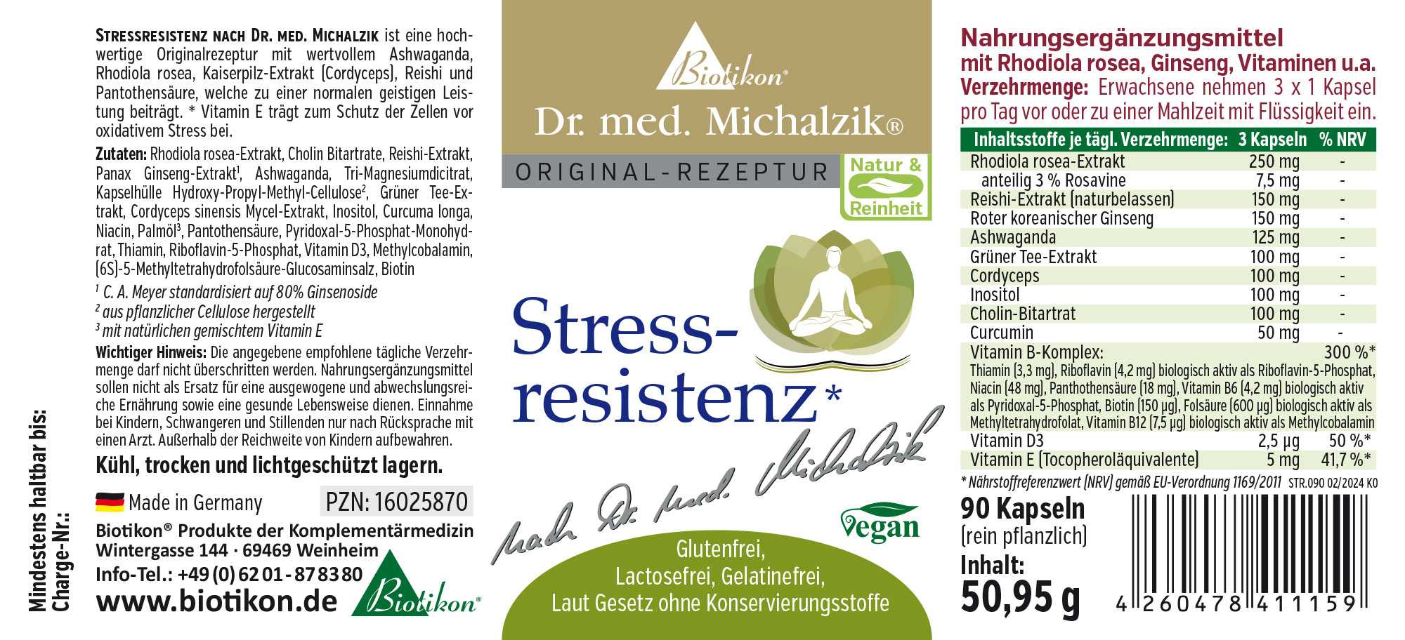 Nahrungsergänzungsmittel in einer transparenter Flasche mit 90 veganen Kapseln, farbenfroh gestaltet, für Stressbewältigung.