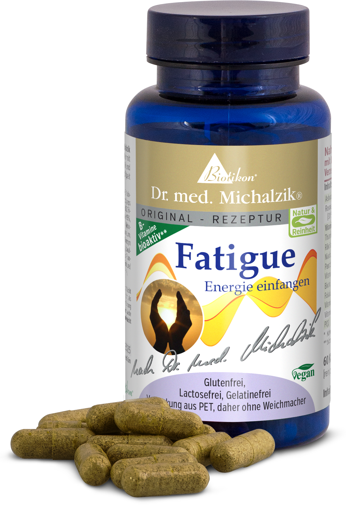 Braune Kapseln in einer blauen Flasche, 60 Stück, glutenfrei, vegan.