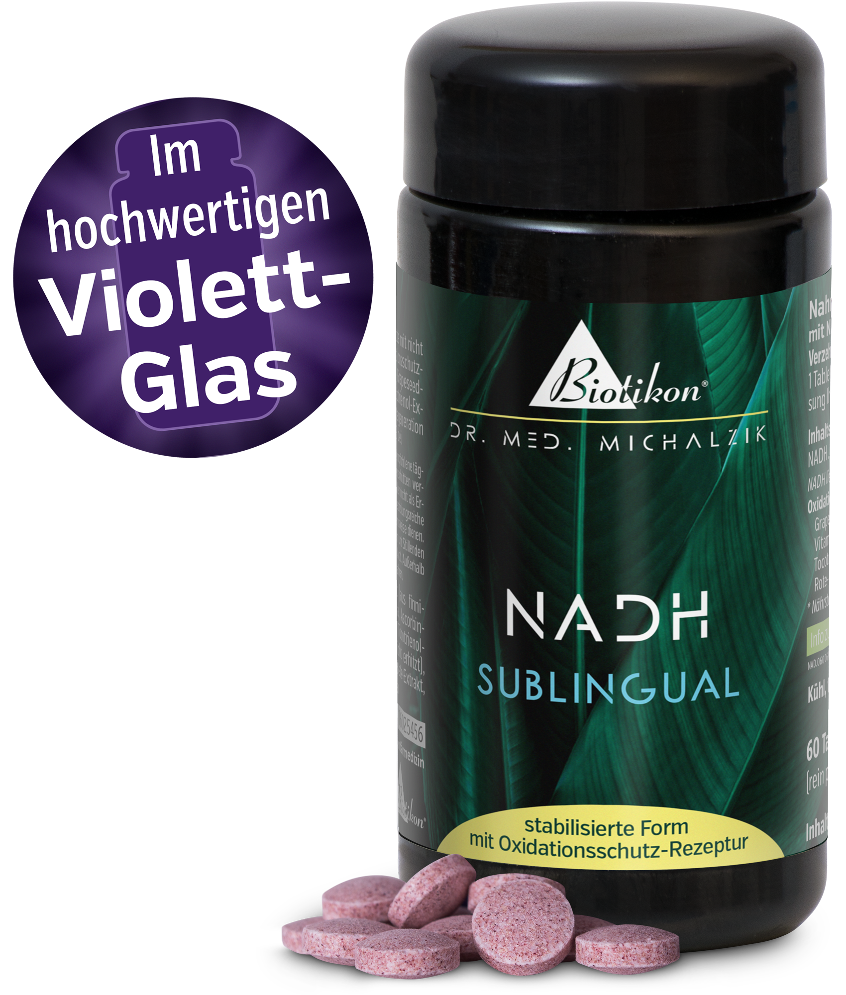 Violette Glasflasche mit 60 sublingualen Tabletten in Rosa, hochwertig verpackt.