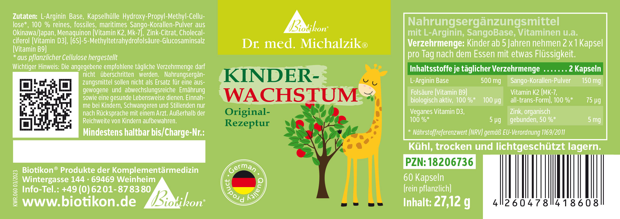 Nahrungsergänzungsmittel in grüner Verpackung, 60 Kapseln, mit L-Arginin und Vitaminen, gepackt in einer Blechdose.
