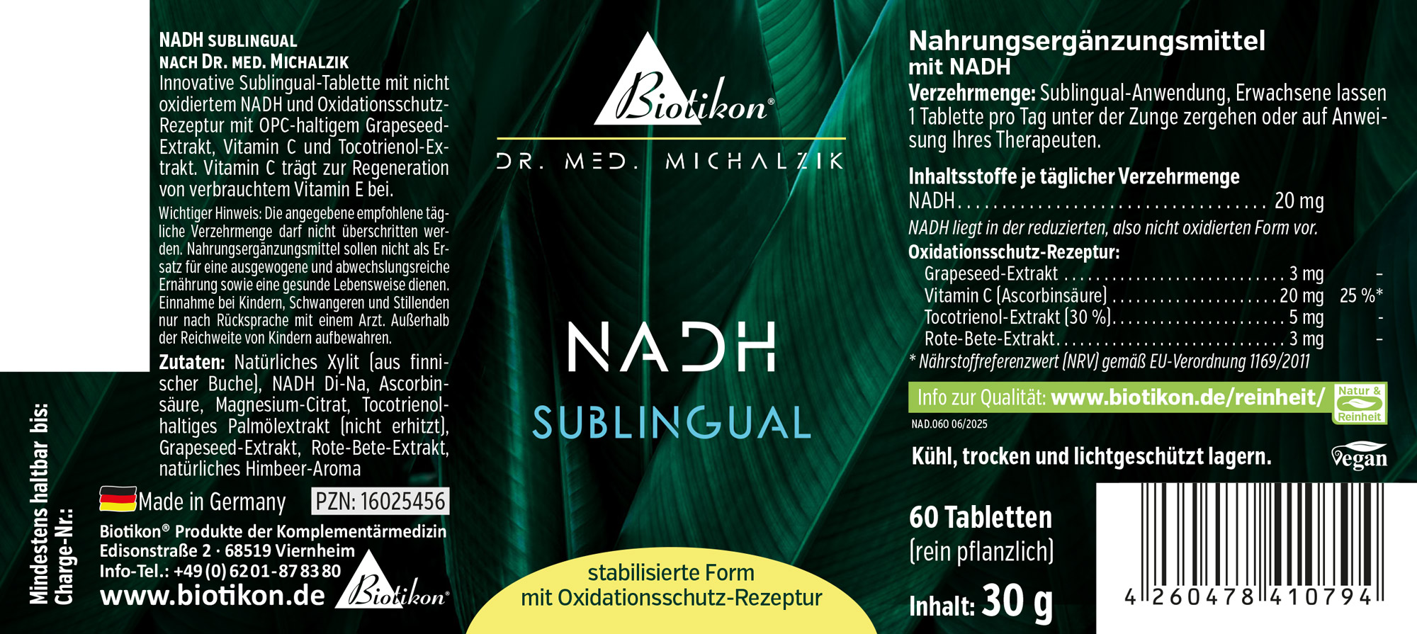 NADH Sublingual Tabletten in grünem Verpackungsdesign, 60 Stück, 30 g, mit Inhaltsstoffen.