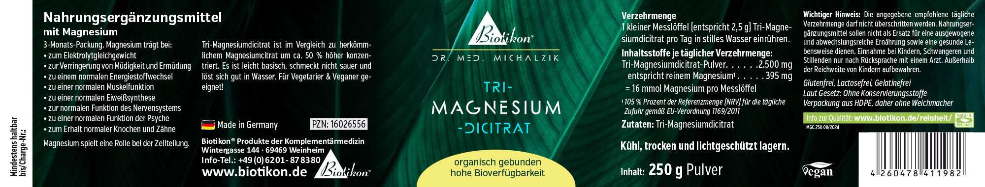 Tri-Magnesiumdicitrat Pulver in 250 g Packung, grüne Verpackung, Seitenansicht, vegan.