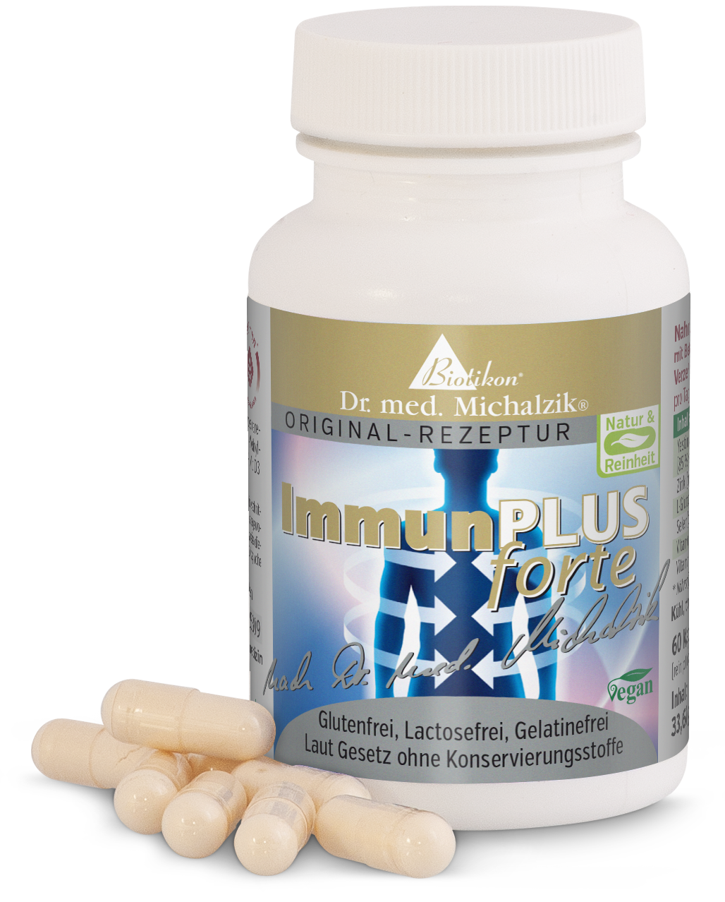 Immunsystem Plus forte – Kapseln Kapseln für die Immununterstützung in einer weißen Verpackung, 60 Stück, glutenfrei und vegan.